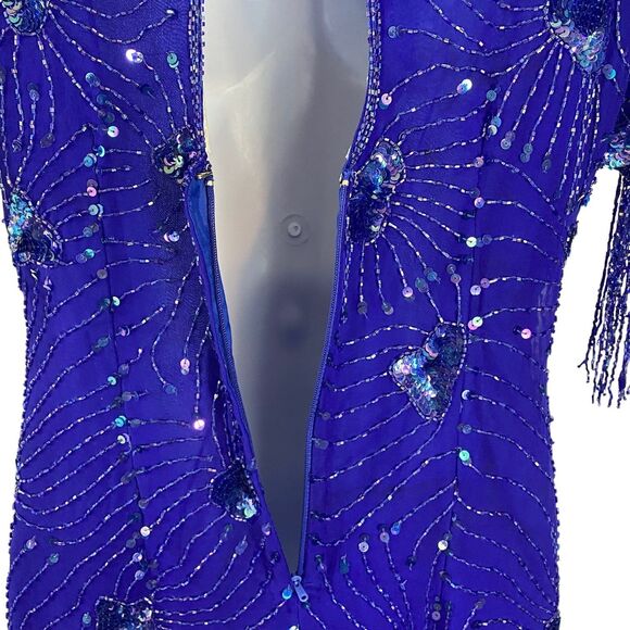 Stenay Womens Evening Silk Dress | 8 | Sequin Beaded Fringe | Royal Blue - Picture 6 of 16